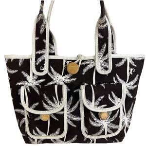 Kate Spade Isle Of Palm Canvas Tote Bag Brown Pockets Large Wood Buttons RARE